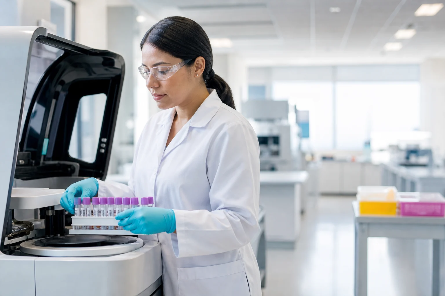 Profesional de laboratorio colocando muestras clínicas en un analizador