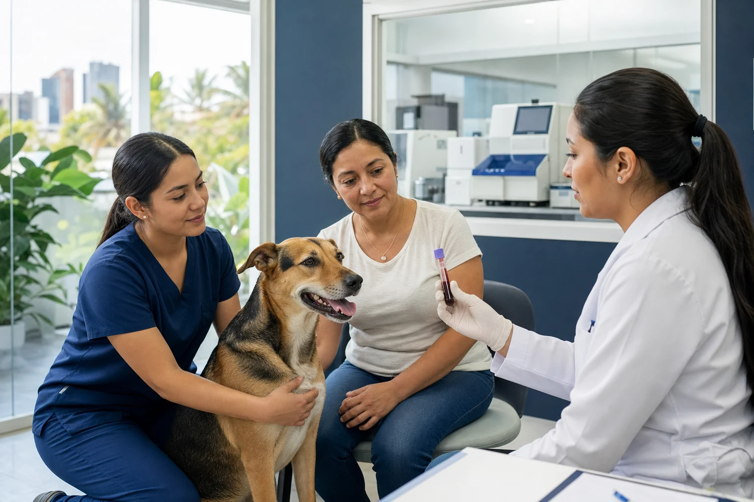 Veterinaria y profesional de laboratorio revisando una muestra junto a un perro
