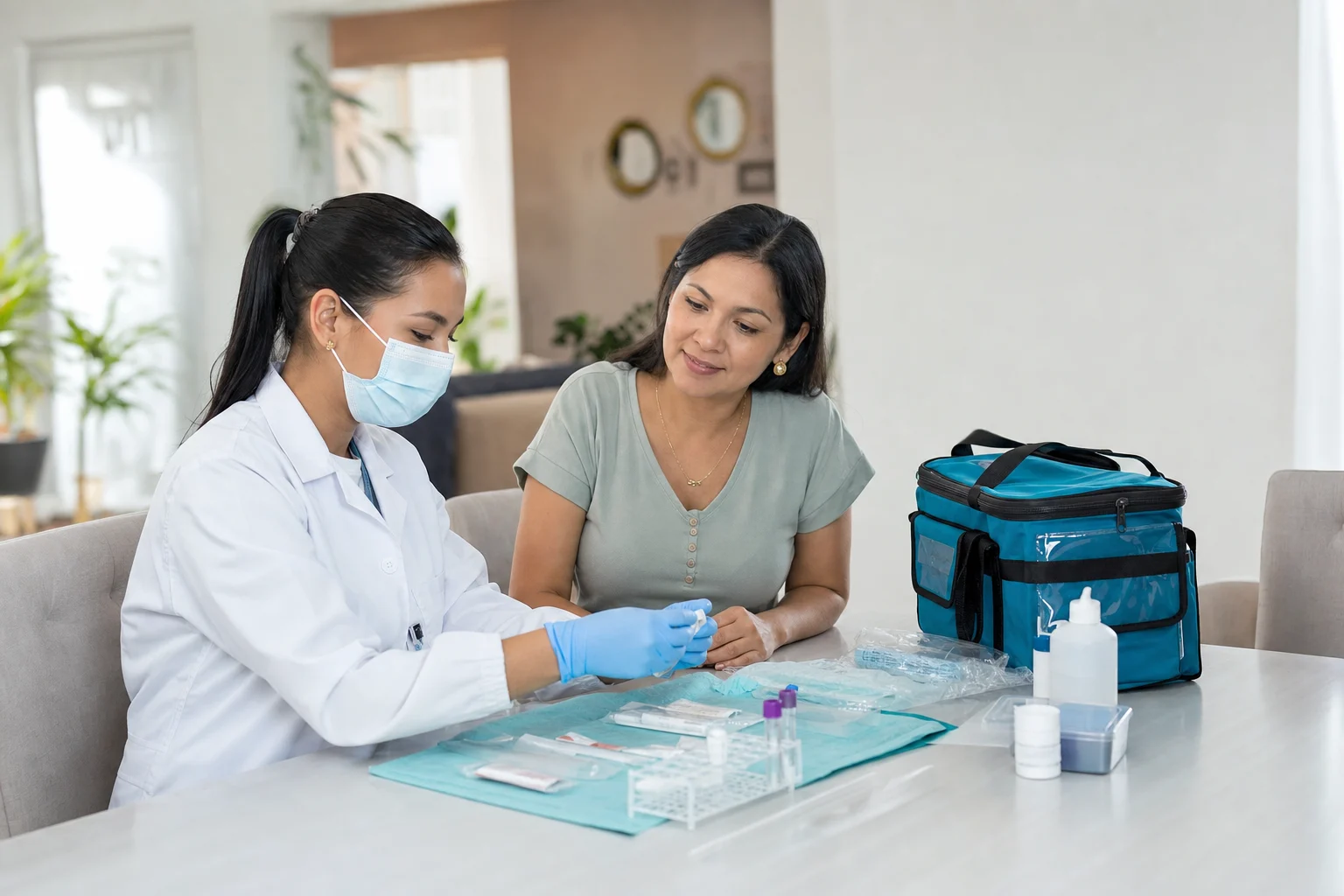 Profesional de laboratorio preparando materiales para una toma de muestra a domicilio